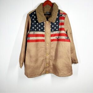 NEW Jelly Buddy Tan Flag Graphic Fleece Lined Snap Front Lightweight Jacket L